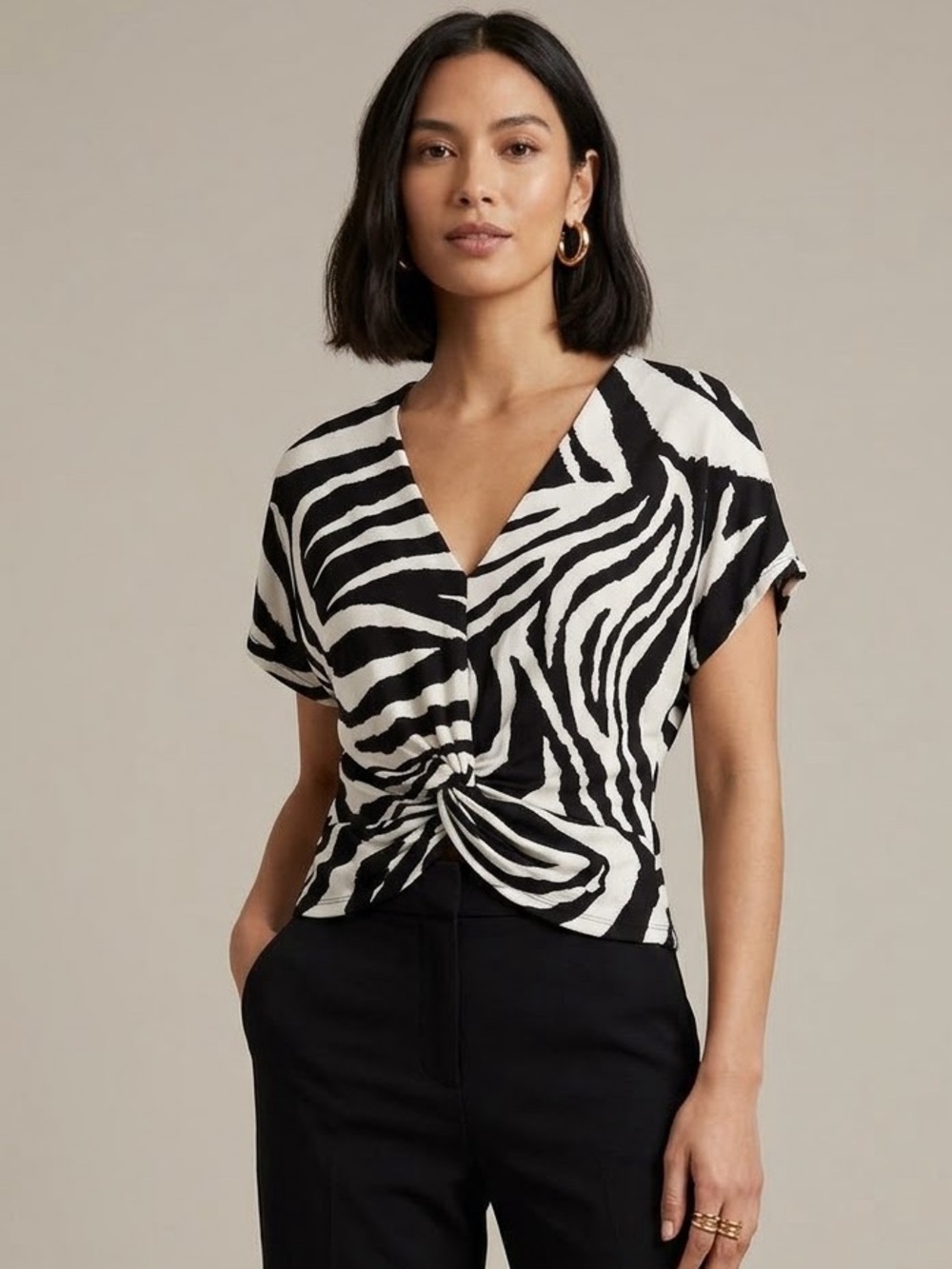 New Look Zebra Twist Front V-Neck Top US 6 Black White Animal Print Mob Wife